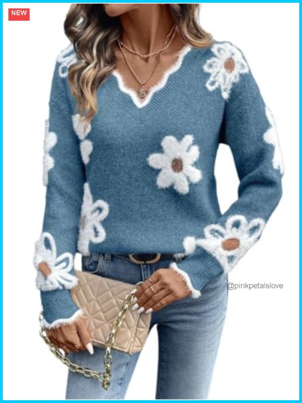 V Neck Floral Knit Pullover Sweater Long Sleeve
